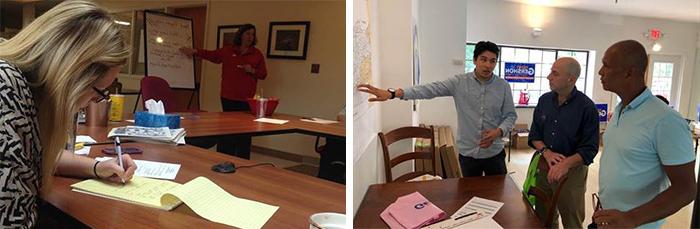 left- a student points at a map and talks, right - a woman writes on a legal pad during a meeting